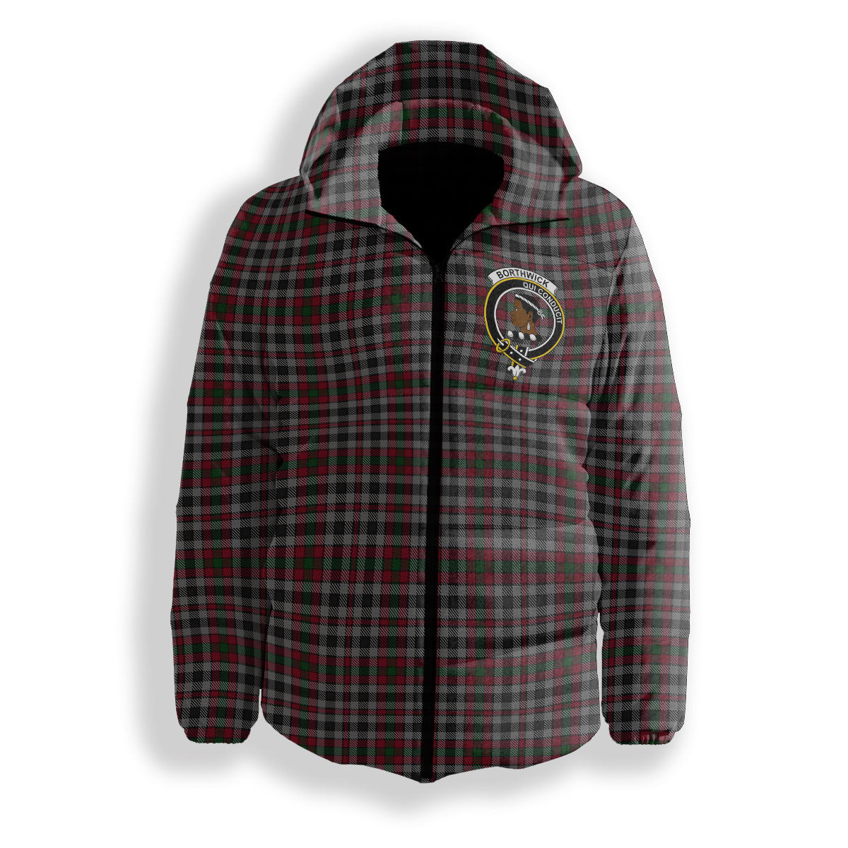 ScotsTee Shop Scottish Borthwick Crest Tartan Down Jacket Winter White Duck Down Plaid