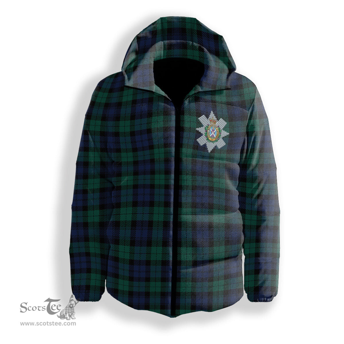ScotsTee Shop Scottish Black Watch Large Sett Modern Crest Tartan Down Jacket Winter White Duck Down Plaid