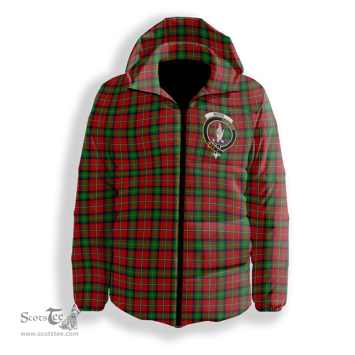 ScotsTee Shop Scottish Boyd Modern Crest Tartan Down Jacket Winter White Duck Down Plaid