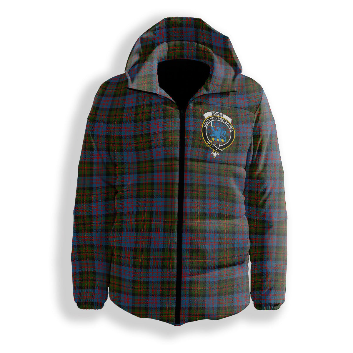ScotsTee Shop Scottish Bowie Black Crest Tartan Down Jacket Winter White Duck Down Plaid