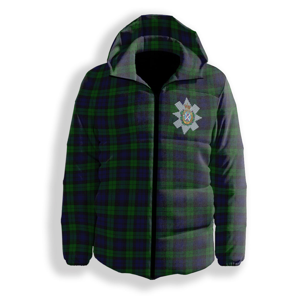 ScotsTee Shop Scottish Black Watch Crest Tartan Down Jacket Winter White Duck Down Plaid