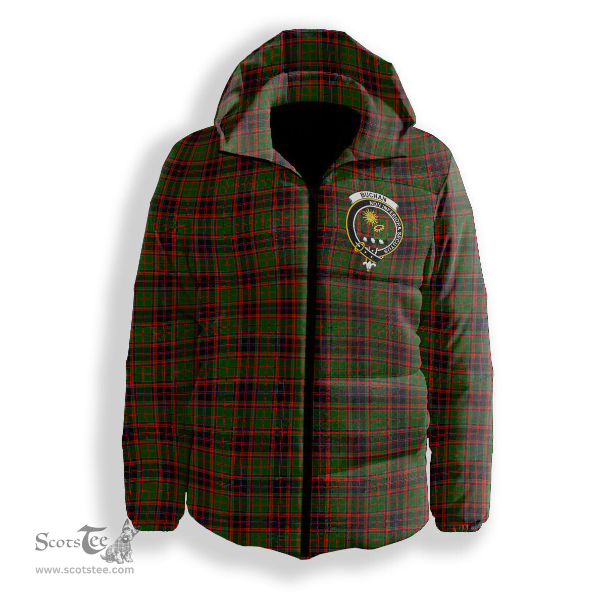 ScotsTee Shop Scottish Buchan Modern Crest Tartan Down Jacket Winter White Duck Down Plaid