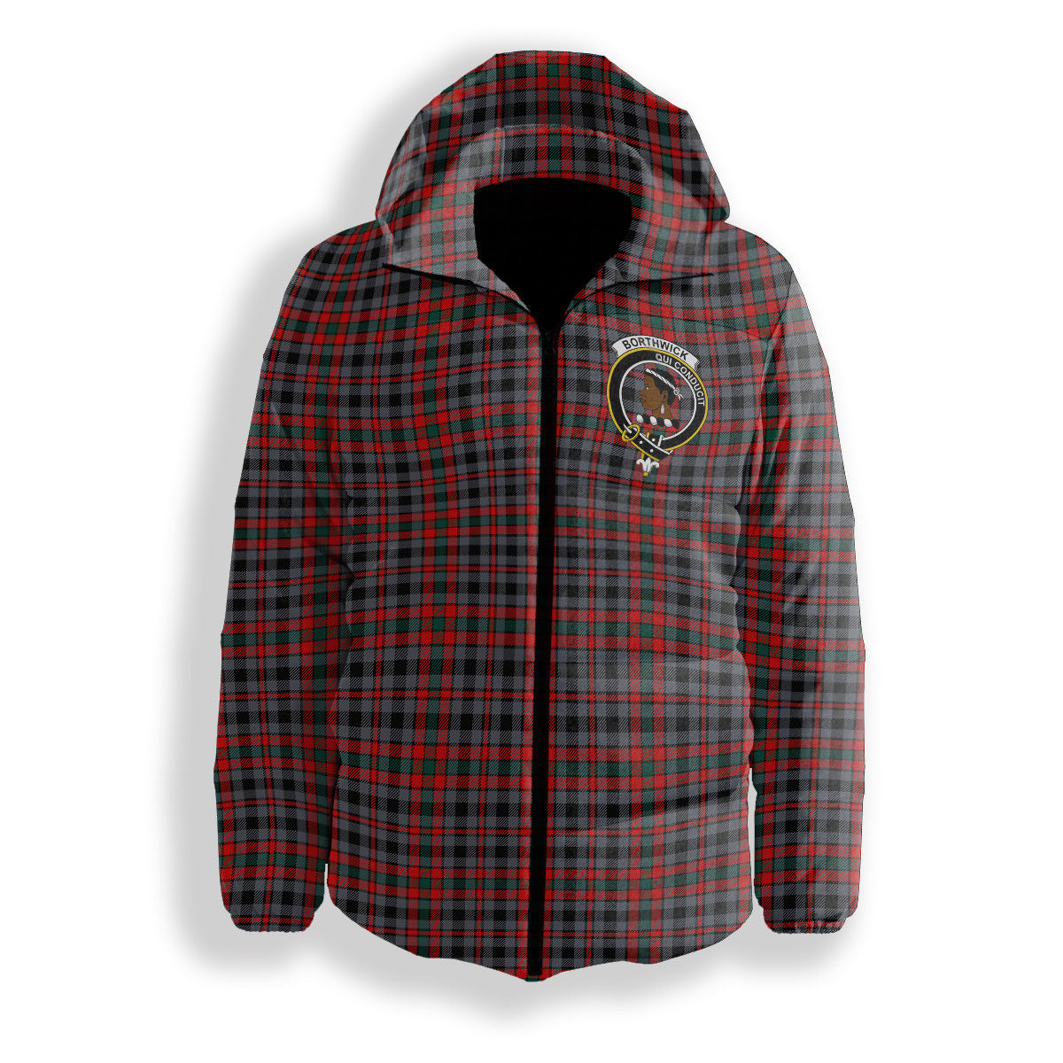 ScotsTee Shop Scottish Borthwick Modern Crest Tartan Down Jacket Winter White Duck Down Plaid