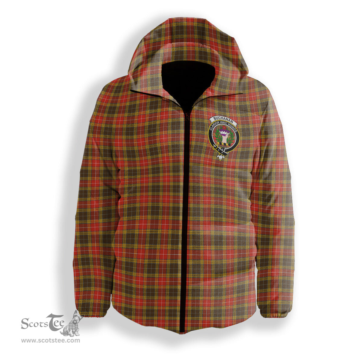 ScotsTee Shop Scottish Buchanan Old Set Weathered Crest Tartan Down Jacket Winter White Duck Down Plaid