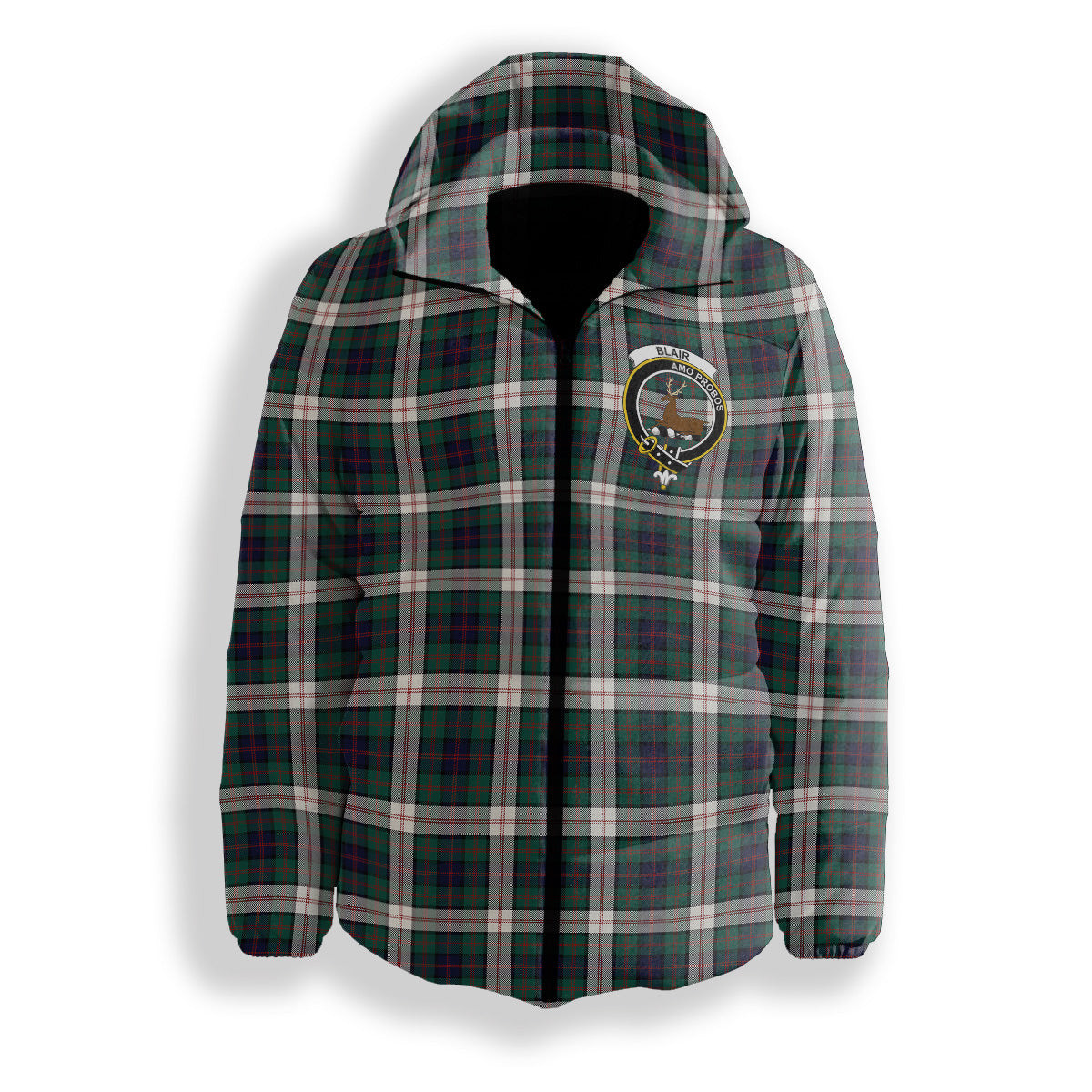 ScotsTee Shop Scottish Blair Dress Modern Crest Tartan Down Jacket Winter White Duck Down Plaid