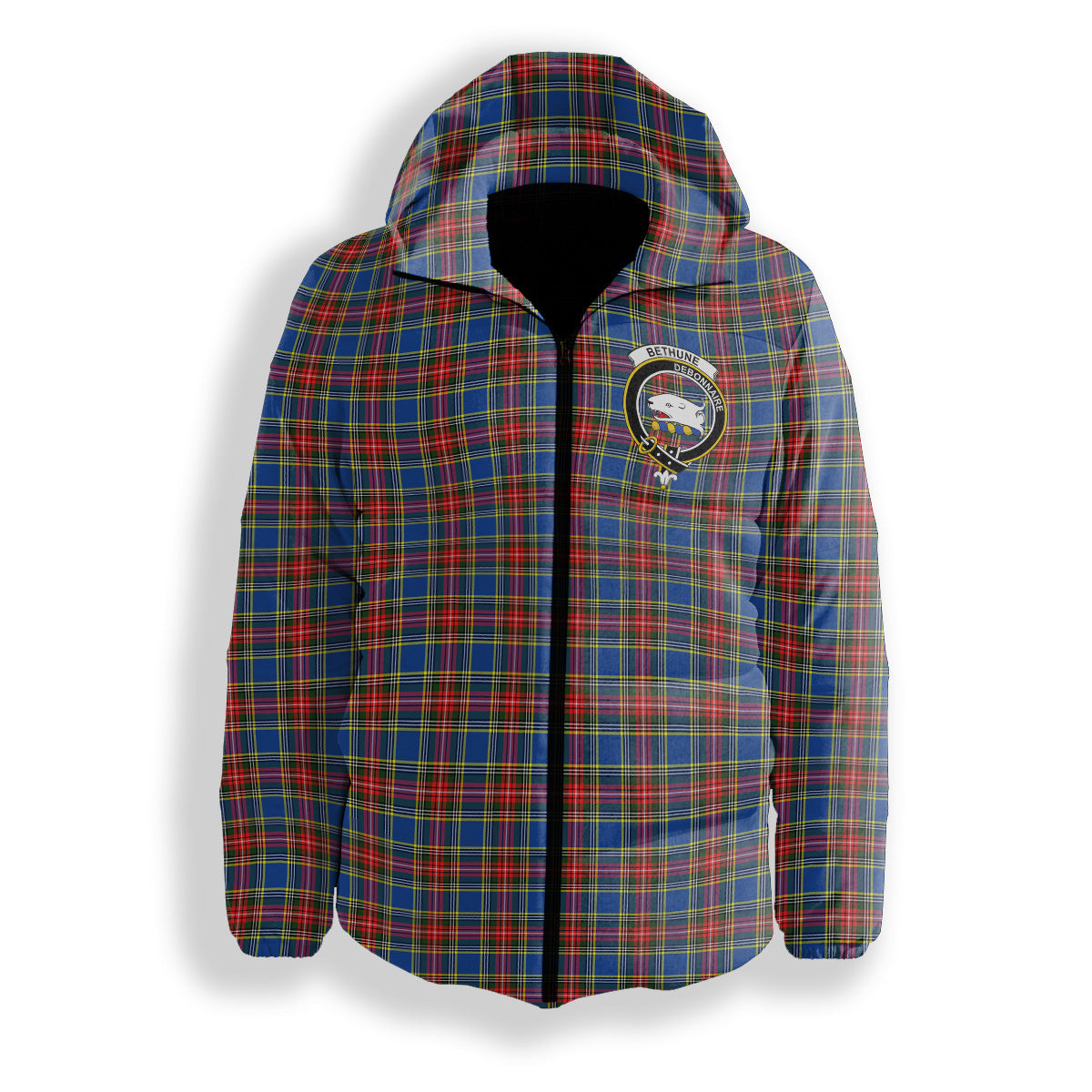 ScotsTee Shop Scottish Bethune Crest Tartan Down Jacket Winter White Duck Down Plaid