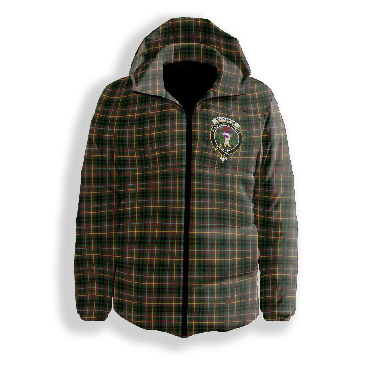 ScotsTee Shop Scottish Buchanan Hunting SC Crest Tartan Down Jacket Winter White Duck Down Plaid
