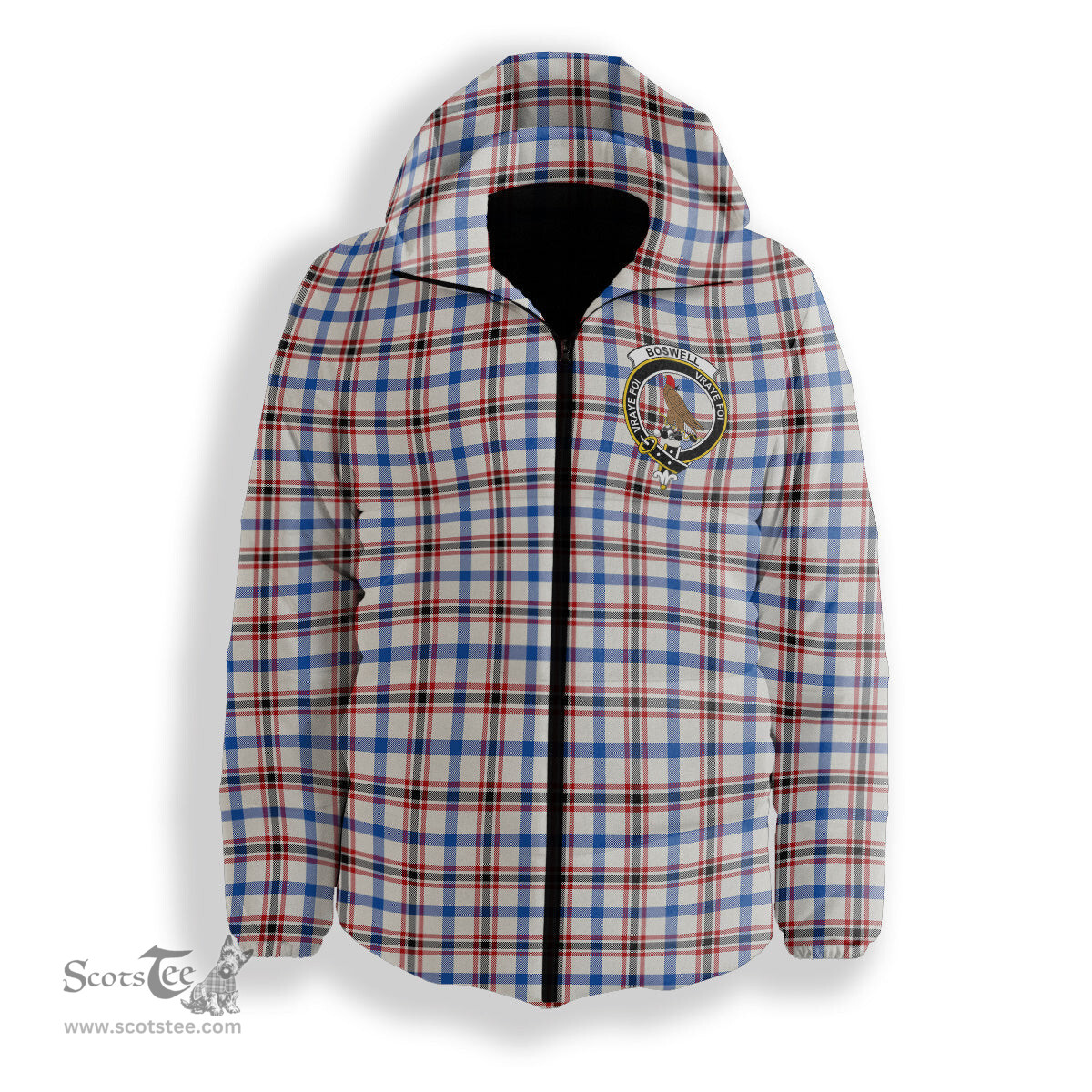 ScotsTee Shop Scottish Boswell Dress Modern Crest Tartan Down Jacket Winter White Duck Down Plaid