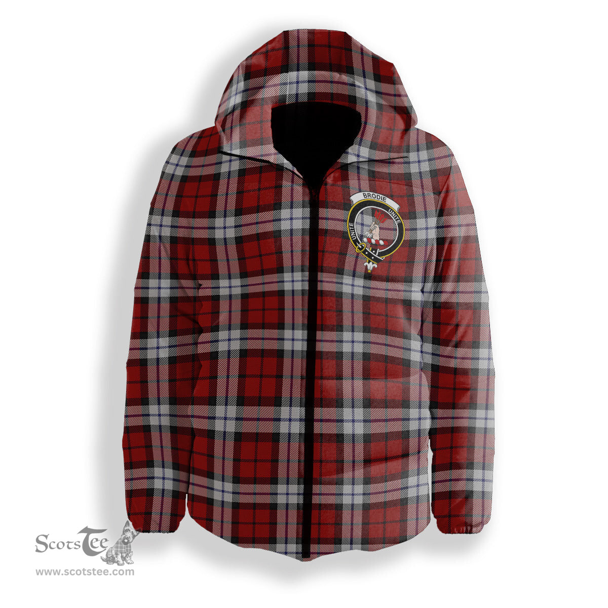 ScotsTee Shop Scottish Brodie Dress Crest Tartan Down Jacket Winter White Duck Down Plaid