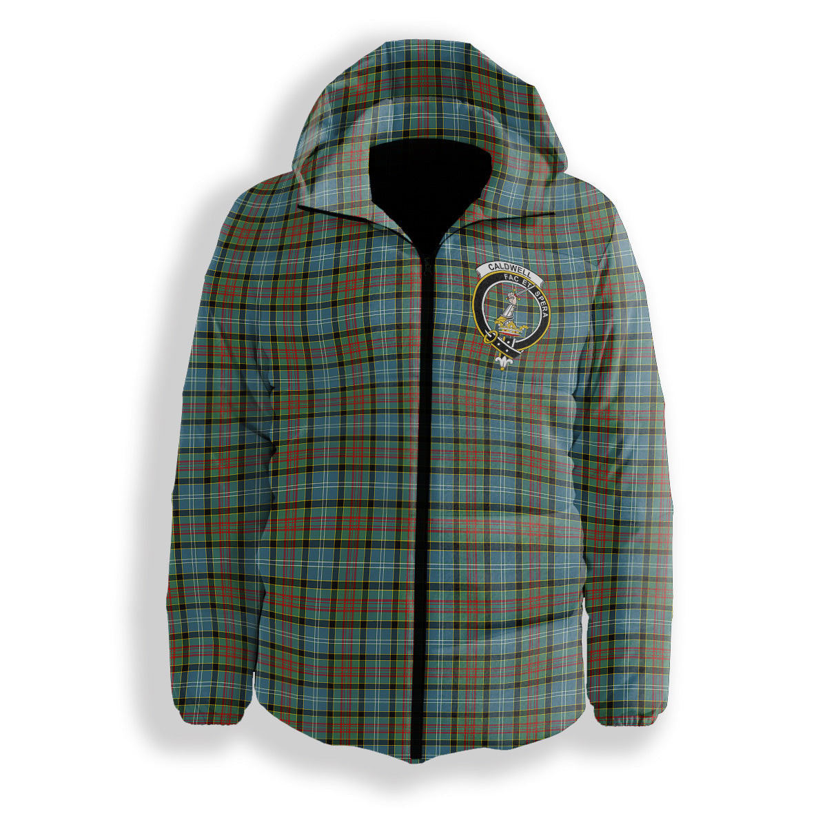ScotsTee Shop Scottish Caldwell Crest Tartan Down Jacket Winter White Duck Down Plaid
