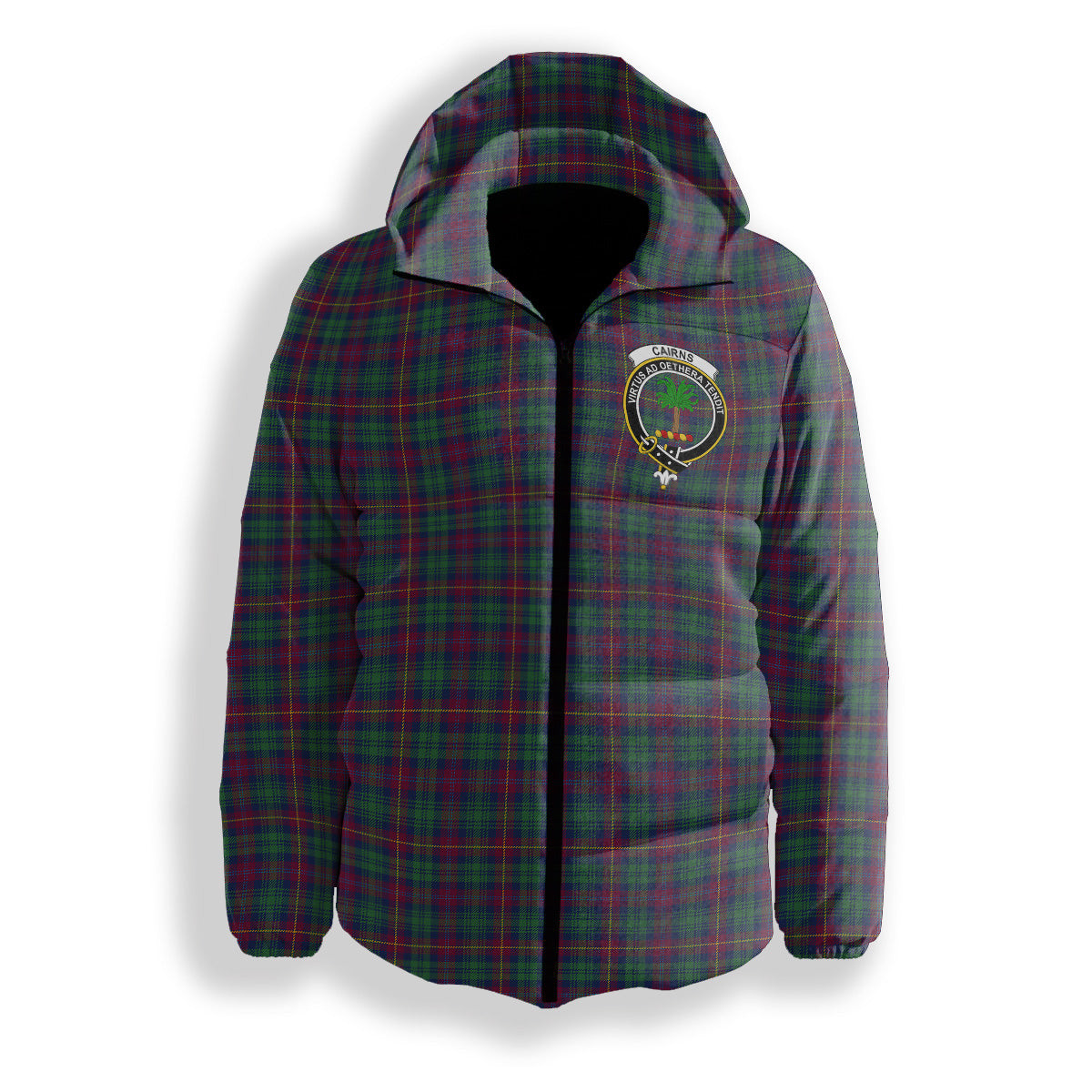 ScotsTee Shop Scottish Cairns of Finavon Modern Crest Tartan Down Jacket Winter White Duck Down Plaid