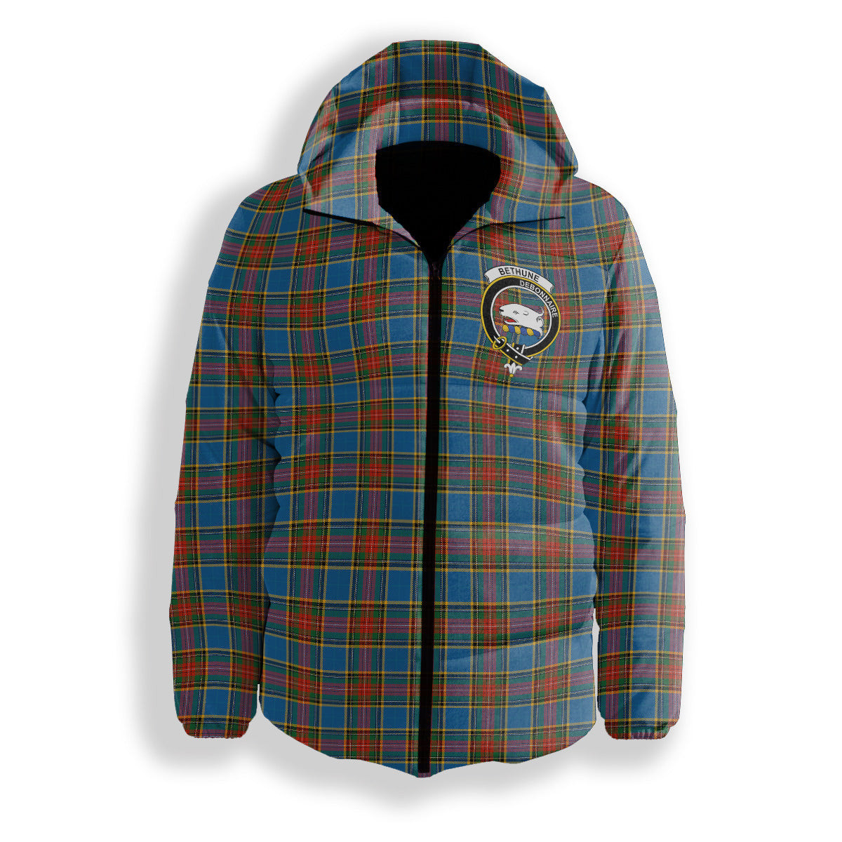 ScotsTee Shop Scottish Bethune Ancient Crest Tartan Down Jacket Winter White Duck Down Plaid