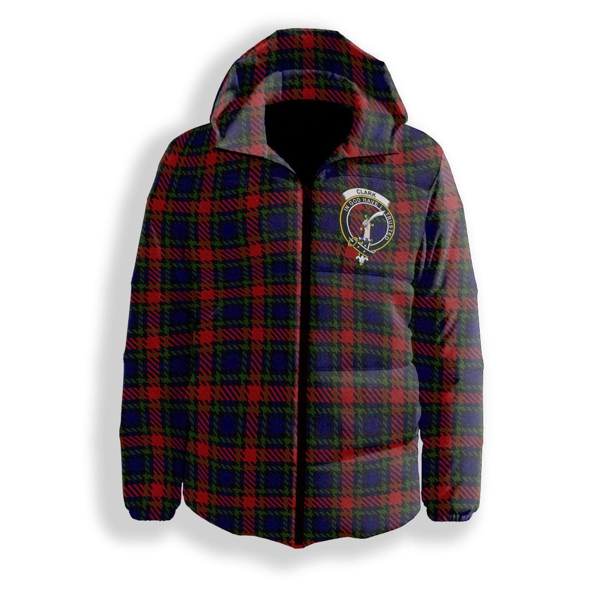ScotsTee Shop Scottish Clark Red Crest Tartan Down Jacket Winter White Duck Down Plaid