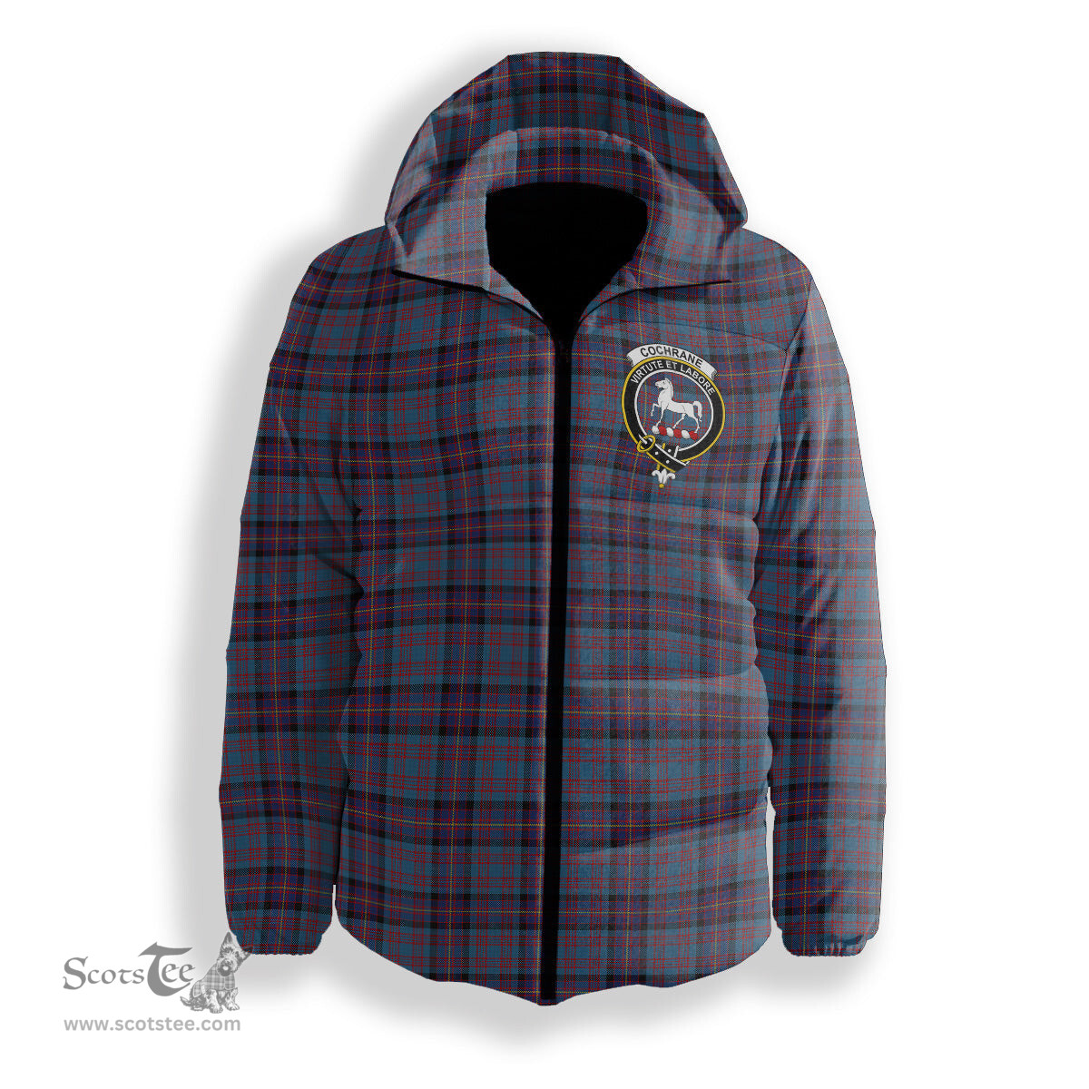 ScotsTee Shop Scottish Cochrane Azure Crest Tartan Down Jacket Winter White Duck Down Plaid
