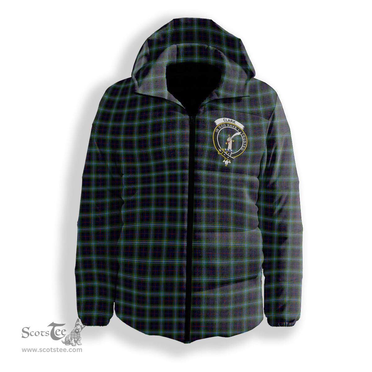 ScotsTee Shop Scottish Clark Raymond Gordon Crest Tartan Down Jacket Winter White Duck Down Plaid