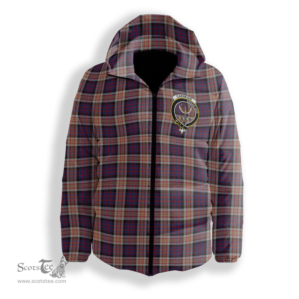 ScotsTee Shop Scottish Carnegie 2 Crest Tartan Down Jacket Winter White Duck Down Plaid