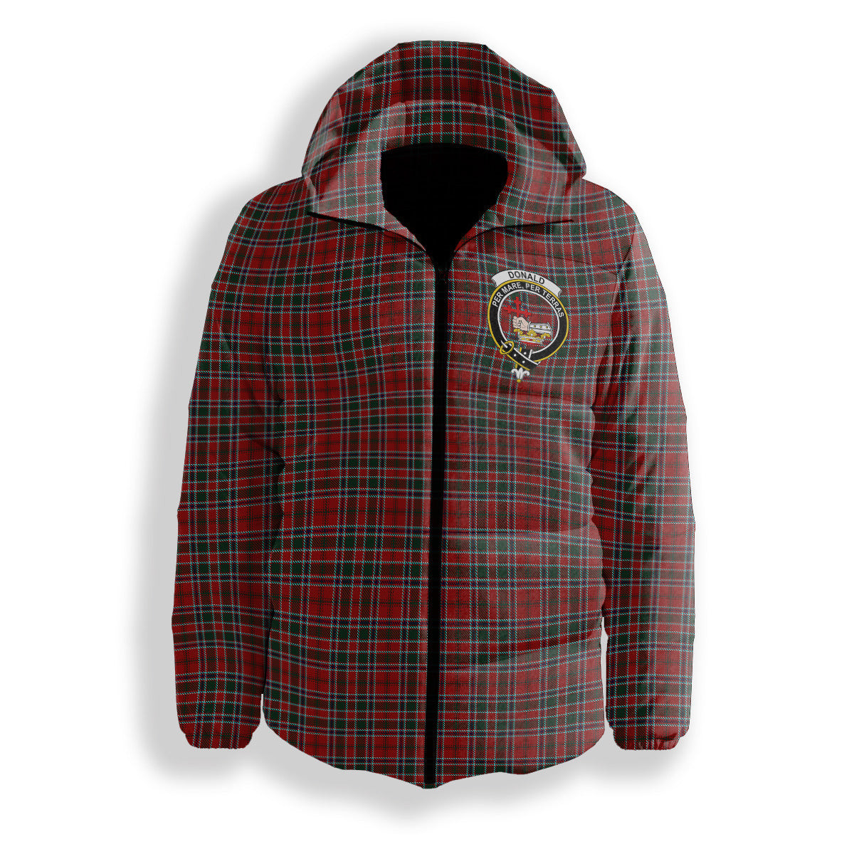ScotsTee Shop Scottish Donald of Lochmaddy Crest Tartan Down Jacket Winter White Duck Down Plaid