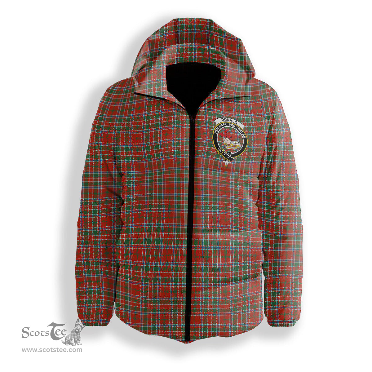 ScotsTee Shop Scottish Donald of Lochmaddy Ancient Crest Tartan Down Jacket Winter White Duck Down Plaid