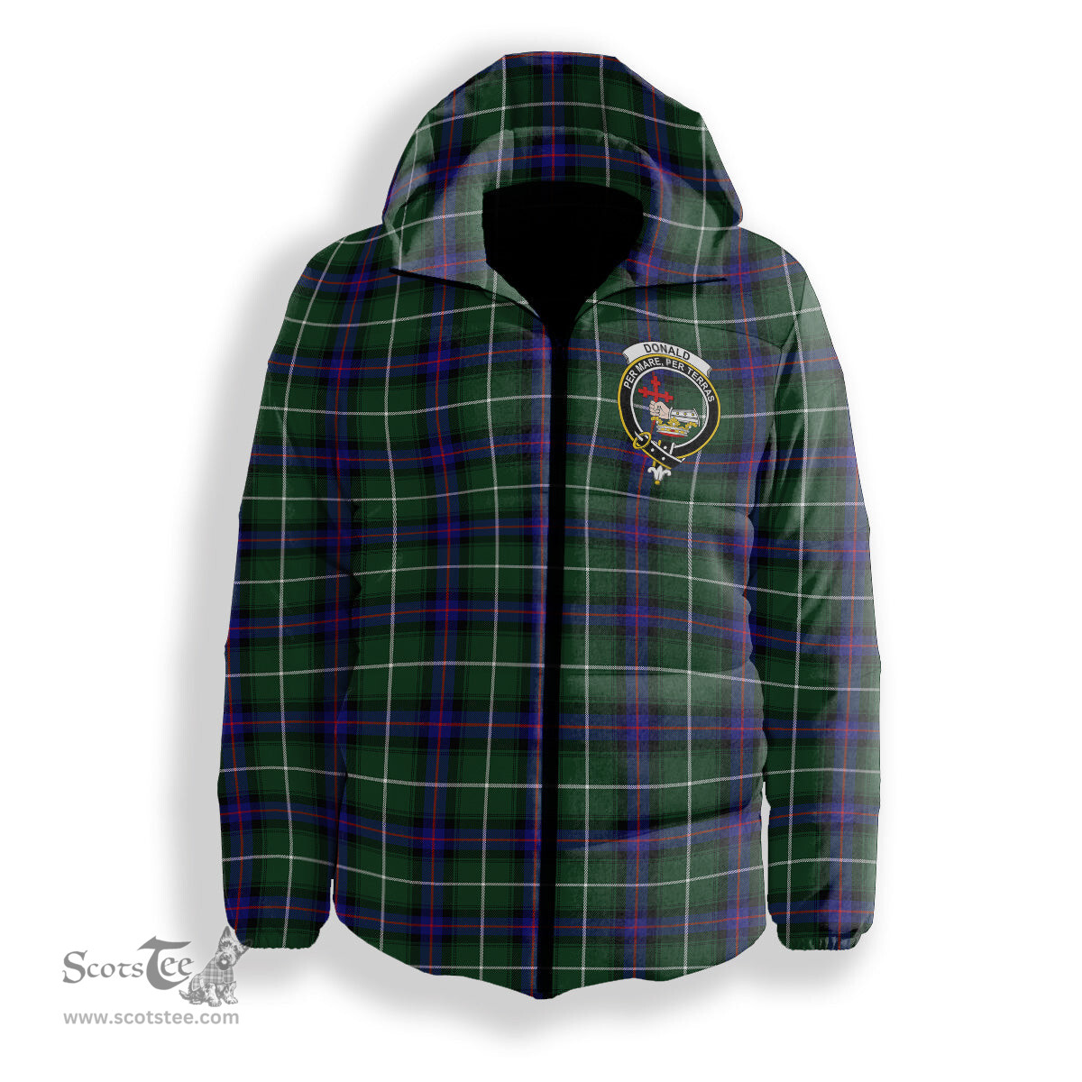ScotsTee Shop Scottish Donald of the Isles Hunting Modern Crest Tartan Down Jacket Winter White Duck Down Plaid