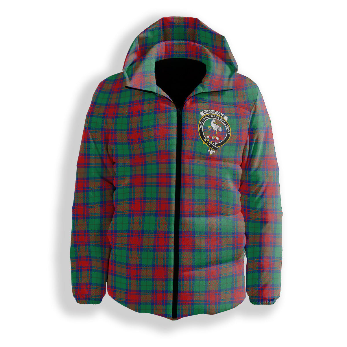 ScotsTee Shop Scottish Cranstoun Dress Modern Crest Tartan Down Jacket Winter White Duck Down Plaid