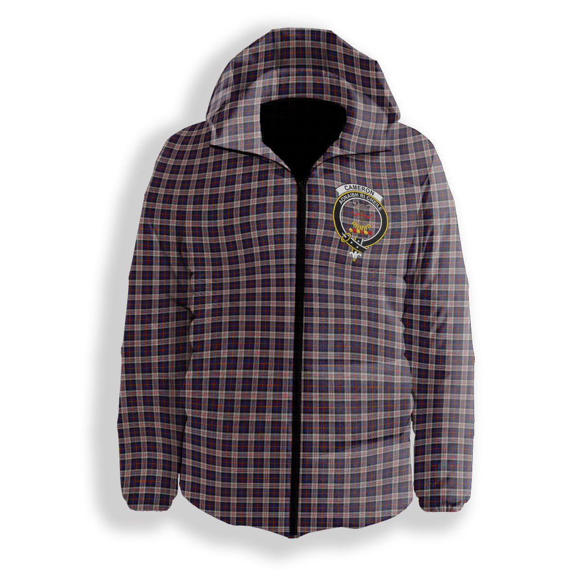 ScotsTee Shop Scottish Cameron of Erracht Dress Crest Tartan Down Jacket Winter White Duck Down Plaid