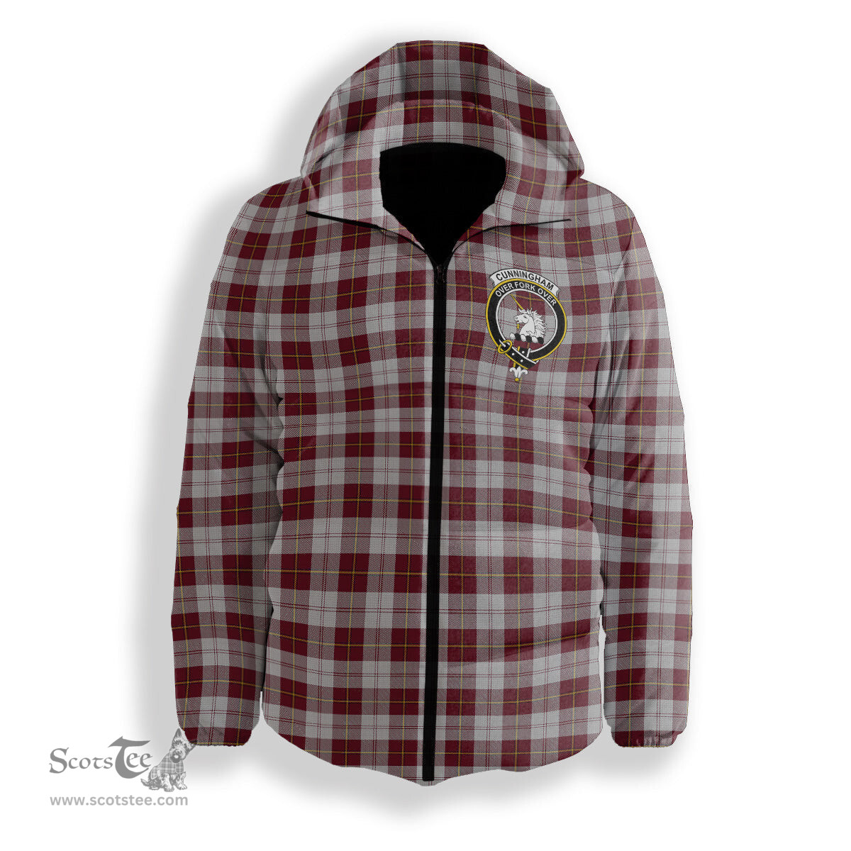 ScotsTee Shop Scottish Cunningham Dress Burgundy Dance Crest Tartan Down Jacket Winter White Duck Down Plaid