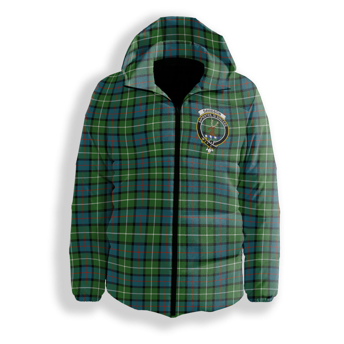 ScotsTee Shop Scottish Davidson of Tulloch Ancient Crest Tartan Down Jacket Winter White Duck Down Plaid