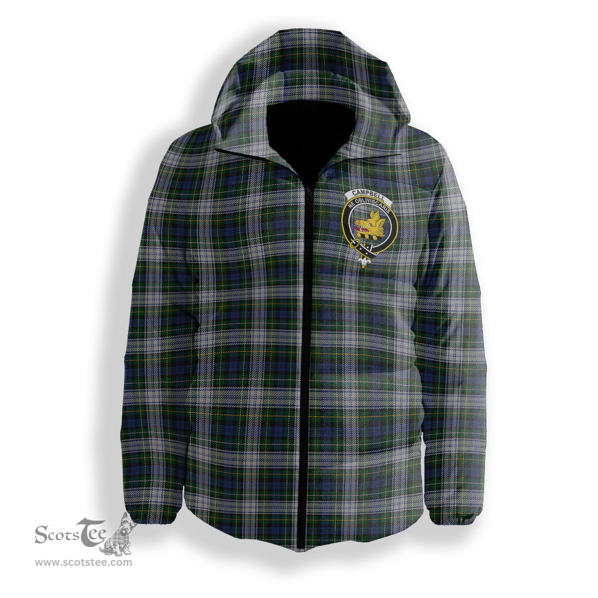 ScotsTee Shop Scottish Campbell of Lochnell Dress Crest Tartan Down Jacket Winter White Duck Down Plaid