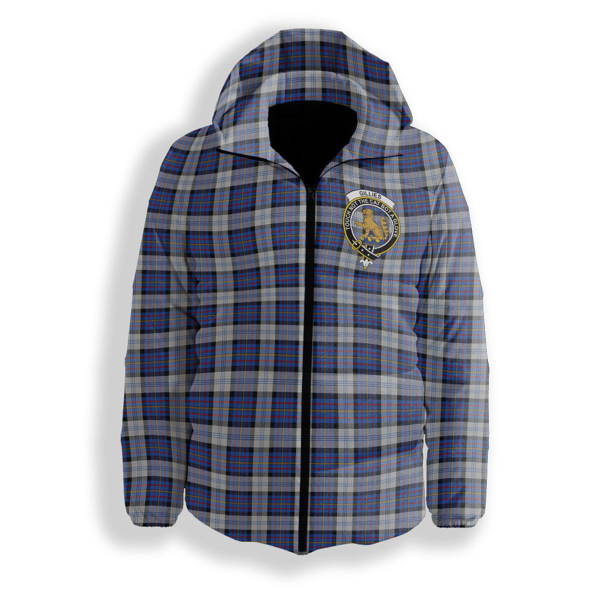ScotsTee Shop Scottish Gillies Dress Blue Crest Tartan Down Jacket Winter White Duck Down Plaid