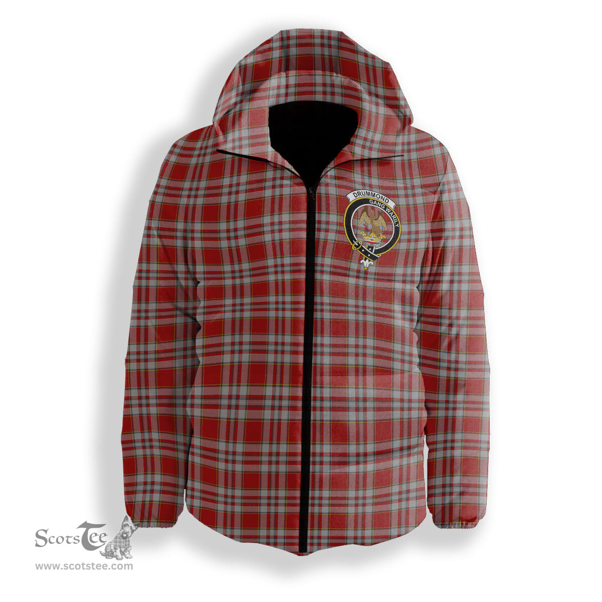 ScotsTee Shop Scottish Drummond of Perth Dress 3 Crest Tartan Down Jacket Winter White Duck Down Plaid