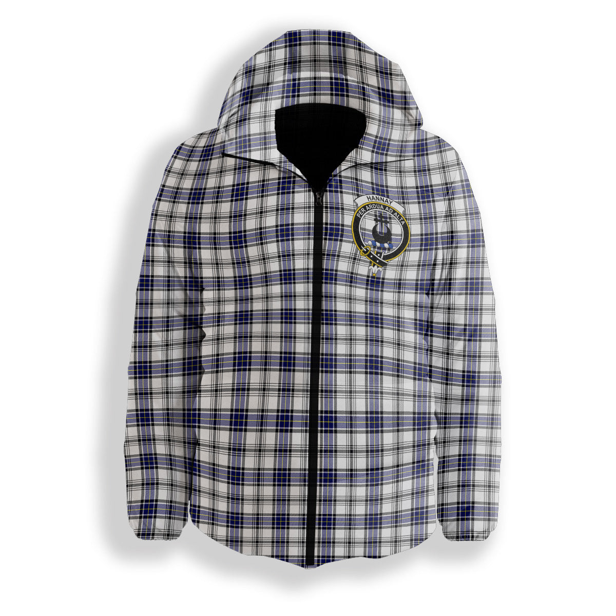 ScotsTee Shop Scottish Hannay Modern Crest Tartan Down Jacket Winter White Duck Down Plaid