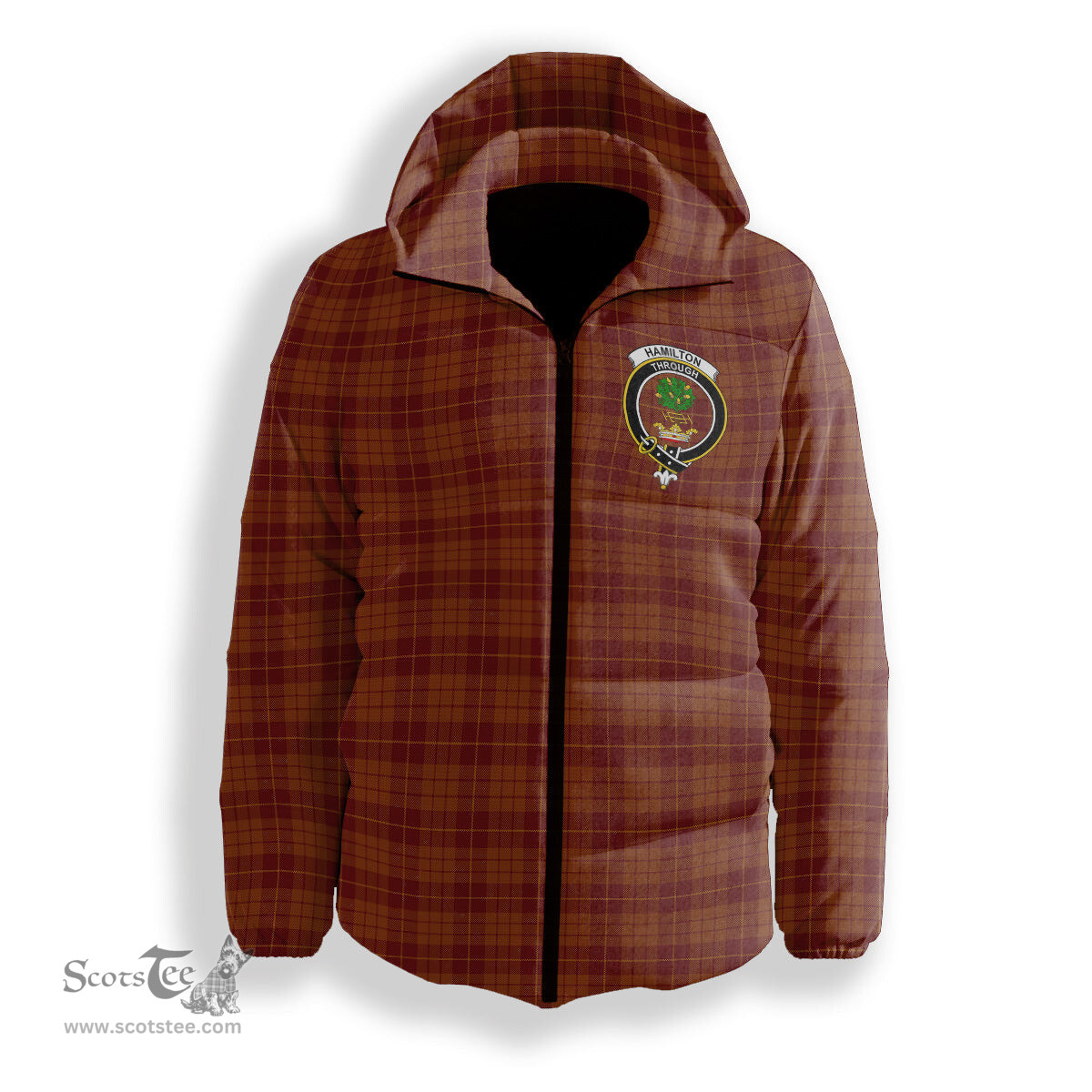 ScotsTee Shop Scottish Hamilton Red Crest Tartan Down Jacket Winter White Duck Down Plaid