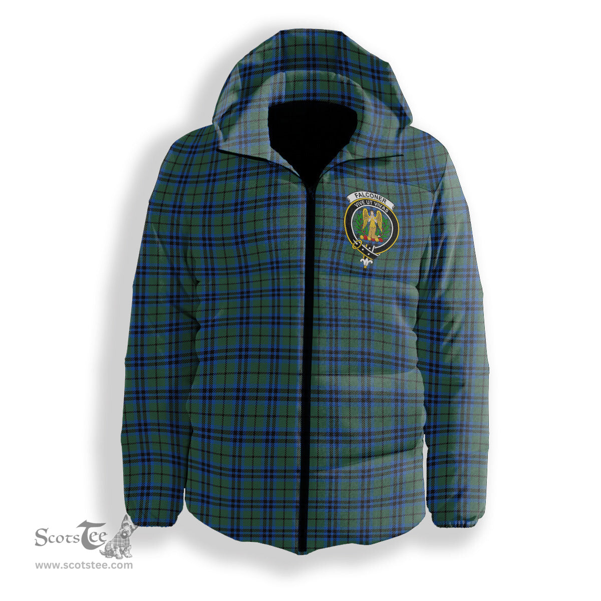 ScotsTee Shop Scottish Falconer Crest Tartan Down Jacket Winter White Duck Down Plaid