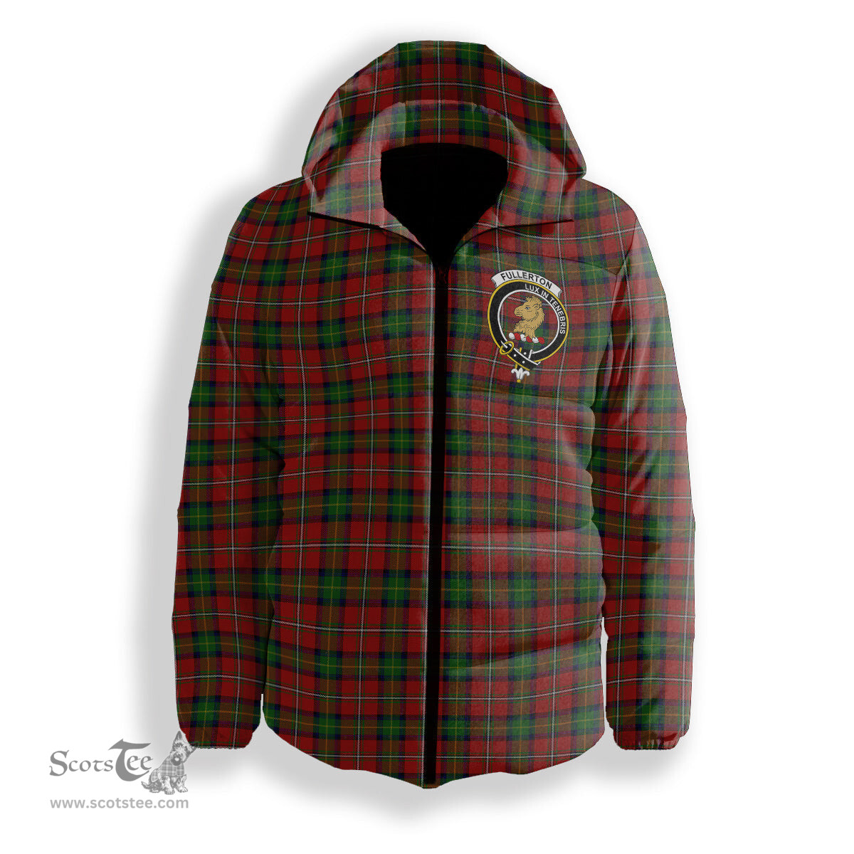 ScotsTee Shop Scottish Fullerton Crest Tartan Down Jacket Winter White Duck Down Plaid