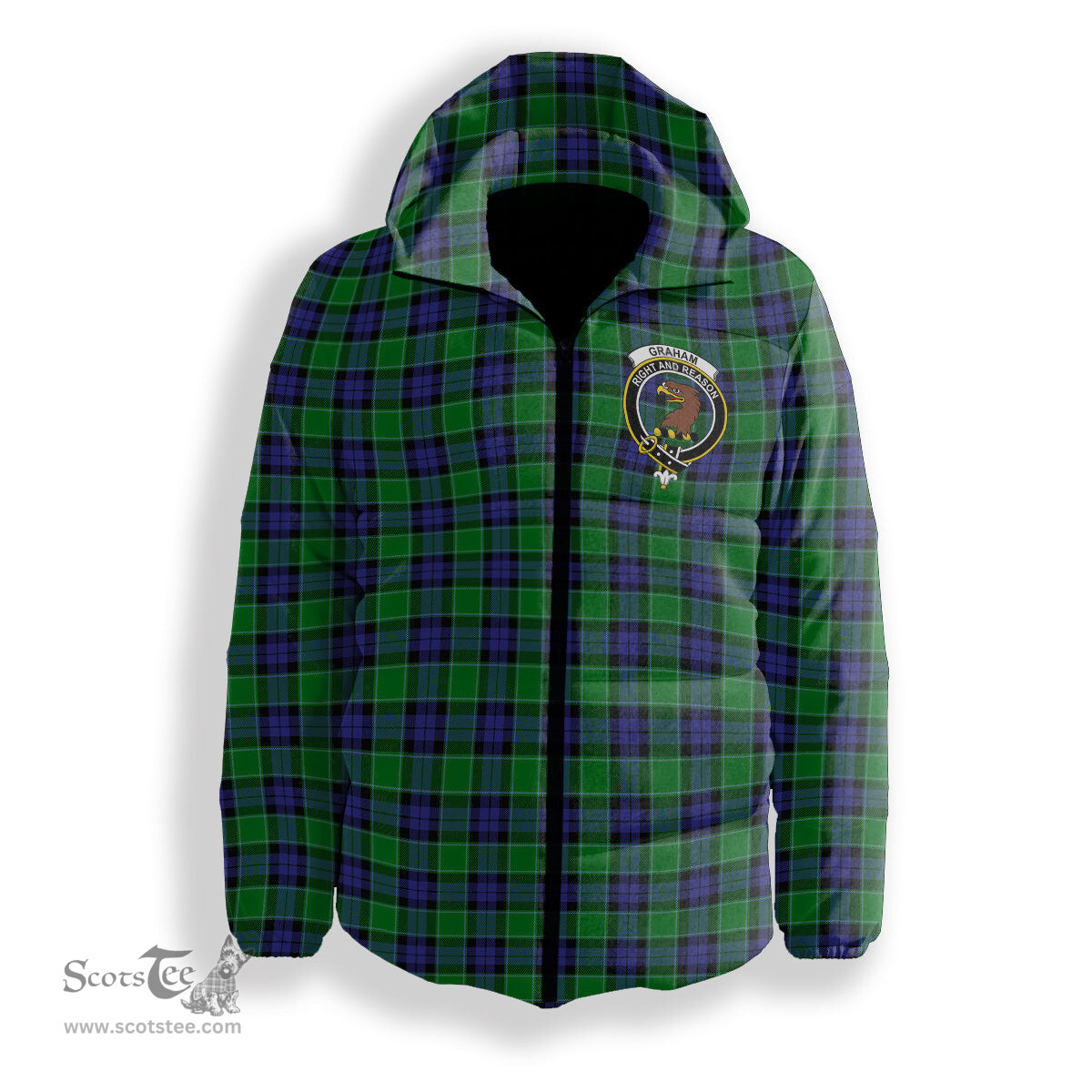 ScotsTee Shop Scottish Graham of Menteith Modern Crest Tartan Down Jacket Winter White Duck Down Plaid
