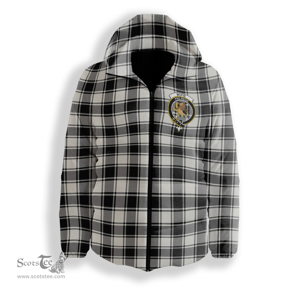 ScotsTee Shop Scottish McFie Black & White Modern Crest Tartan Down Jacket Winter White Duck Down Plaid
