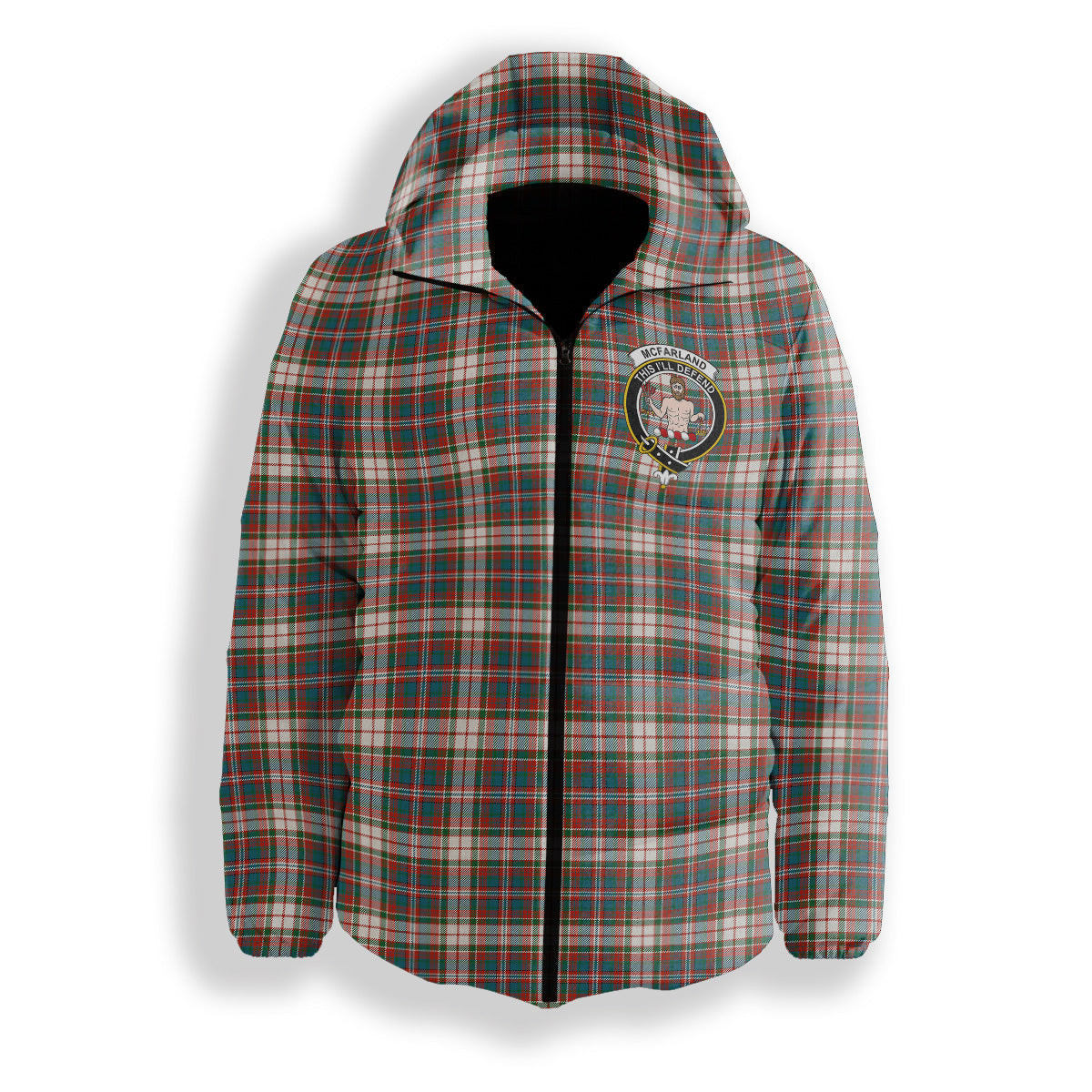 ScotsTee Shop Scottish McFarland Dress Ancient Crest Tartan Down Jacket Winter White Duck Down Plaid