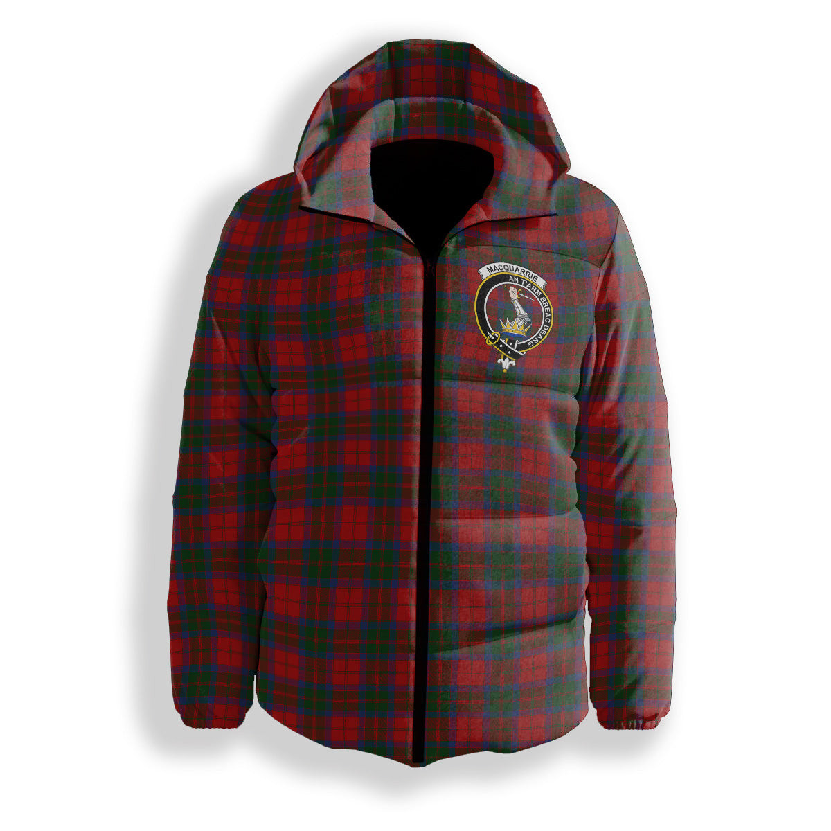 ScotsTee Shop Scottish MacQuarrie 2 Crest Tartan Down Jacket Winter White Duck Down Plaid