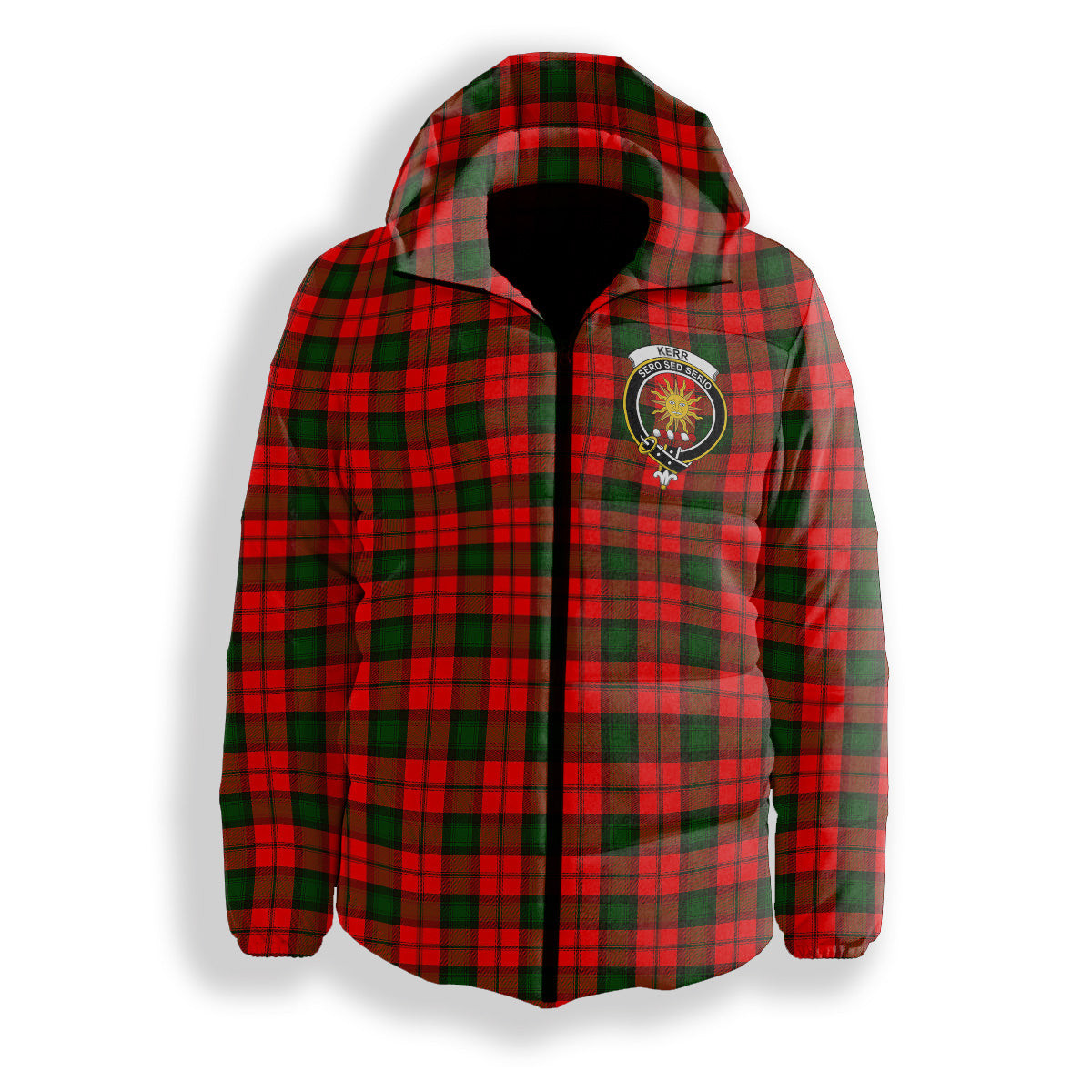 ScotsTee Shop Scottish Kerr Modern Crest Tartan Down Jacket Winter White Duck Down Plaid