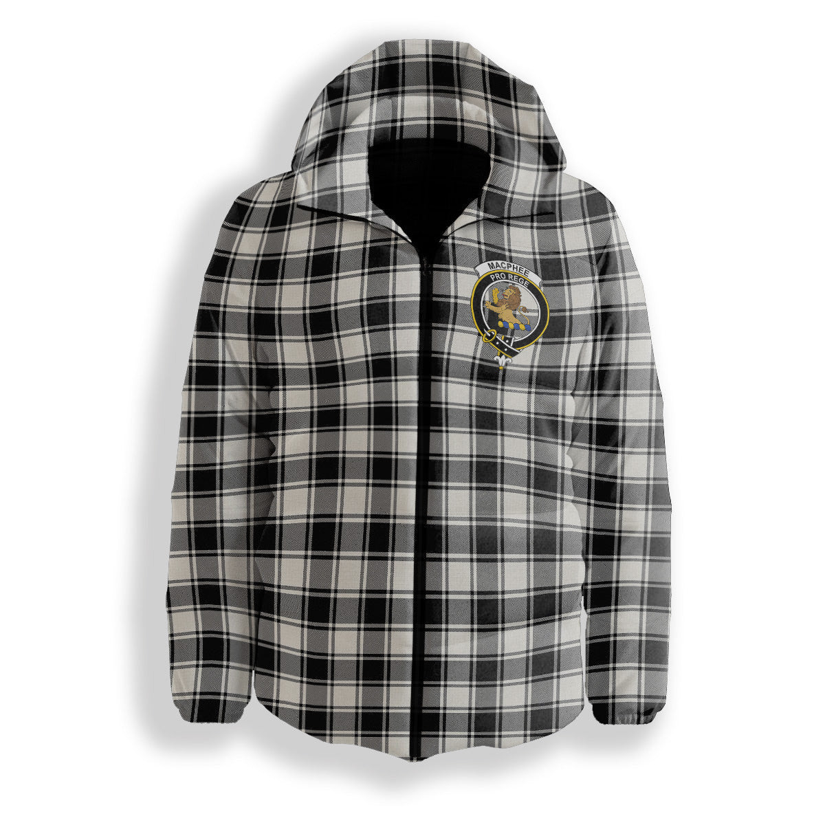 ScotsTee Shop Scottish MacPhee B&W Ancient Crest Tartan Down Jacket Winter White Duck Down Plaid