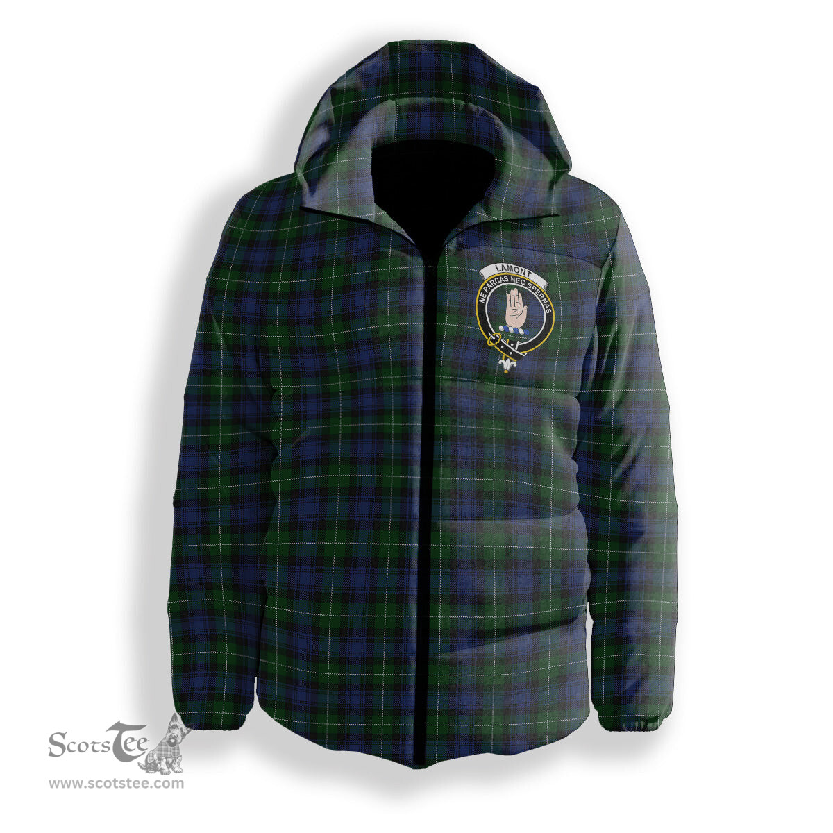 ScotsTee Shop Scottish Lamont 2 Crest Tartan Down Jacket Winter White Duck Down Plaid