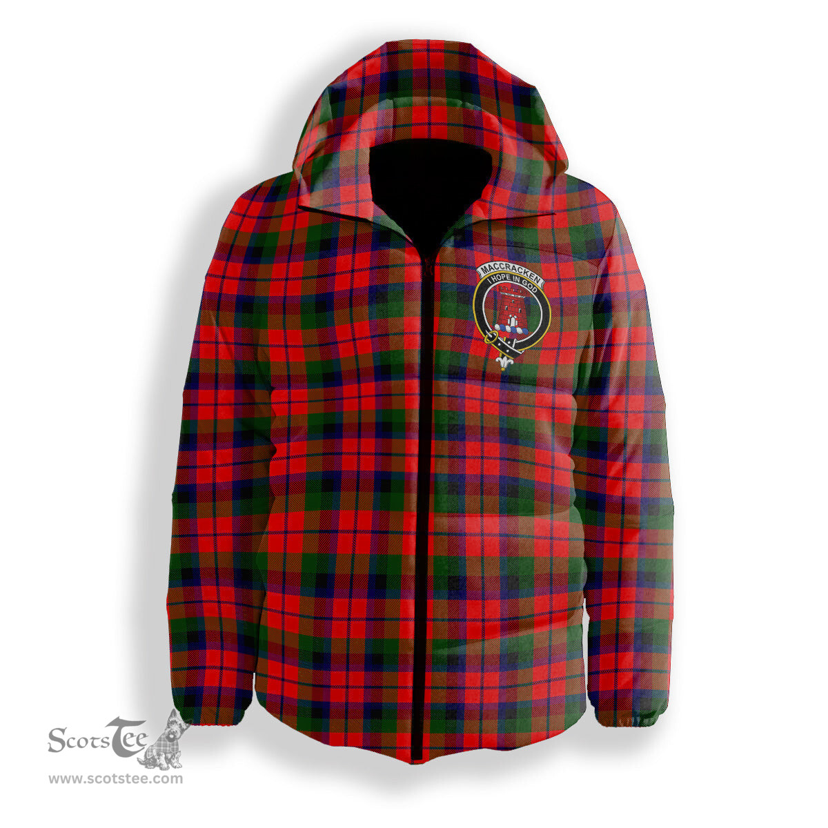 ScotsTee Shop Scottish MacCracken Modern Crest Tartan Down Jacket Winter White Duck Down Plaid