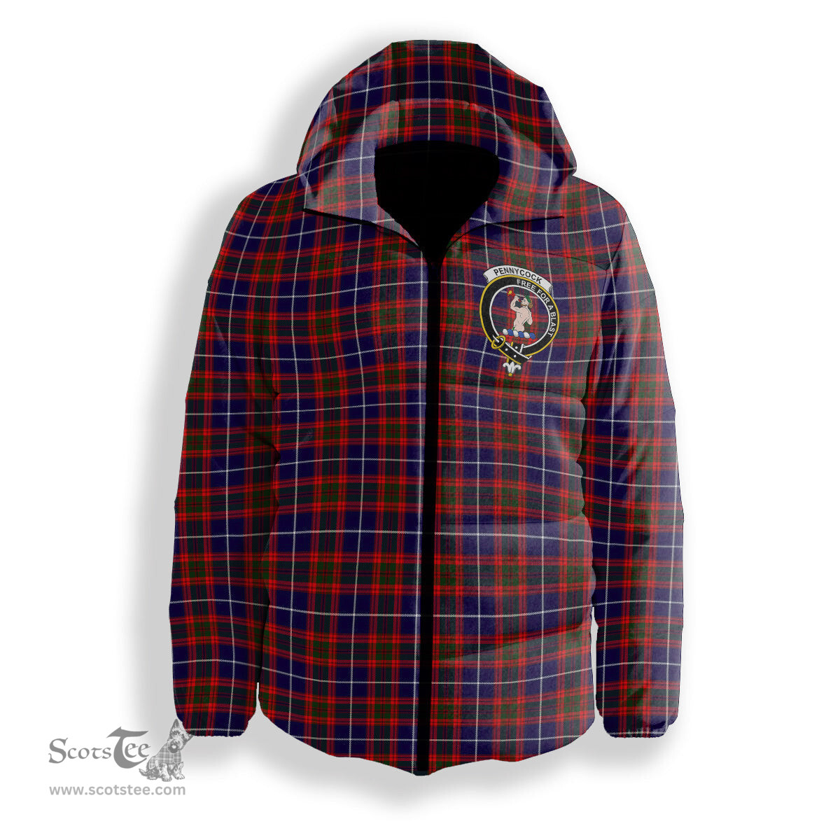 ScotsTee Shop Scottish Pennycook Modern Crest Tartan Down Jacket Winter White Duck Down Plaid