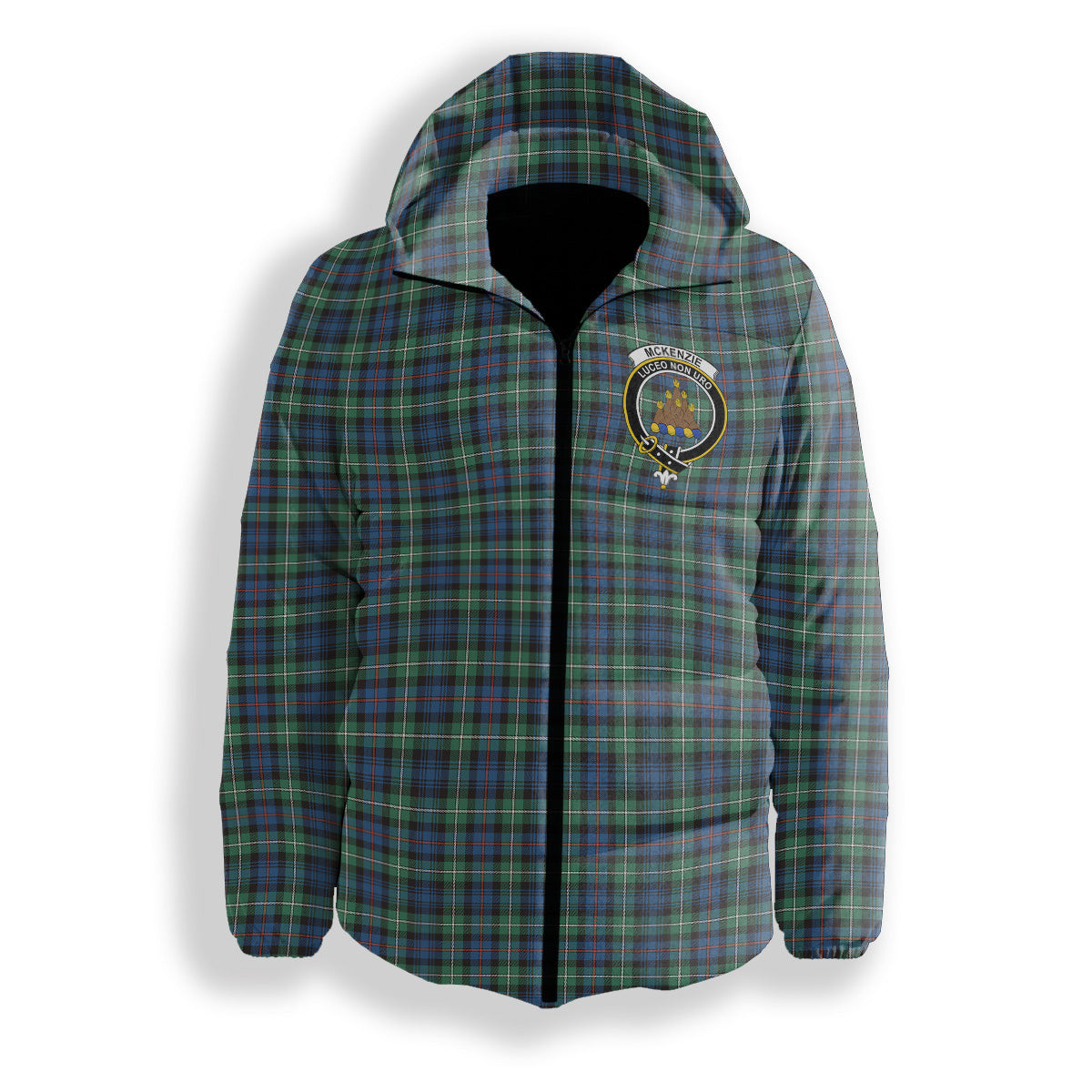 ScotsTee Shop Scottish McKenzie Ancient Crest Tartan Down Jacket Winter White Duck Down Plaid