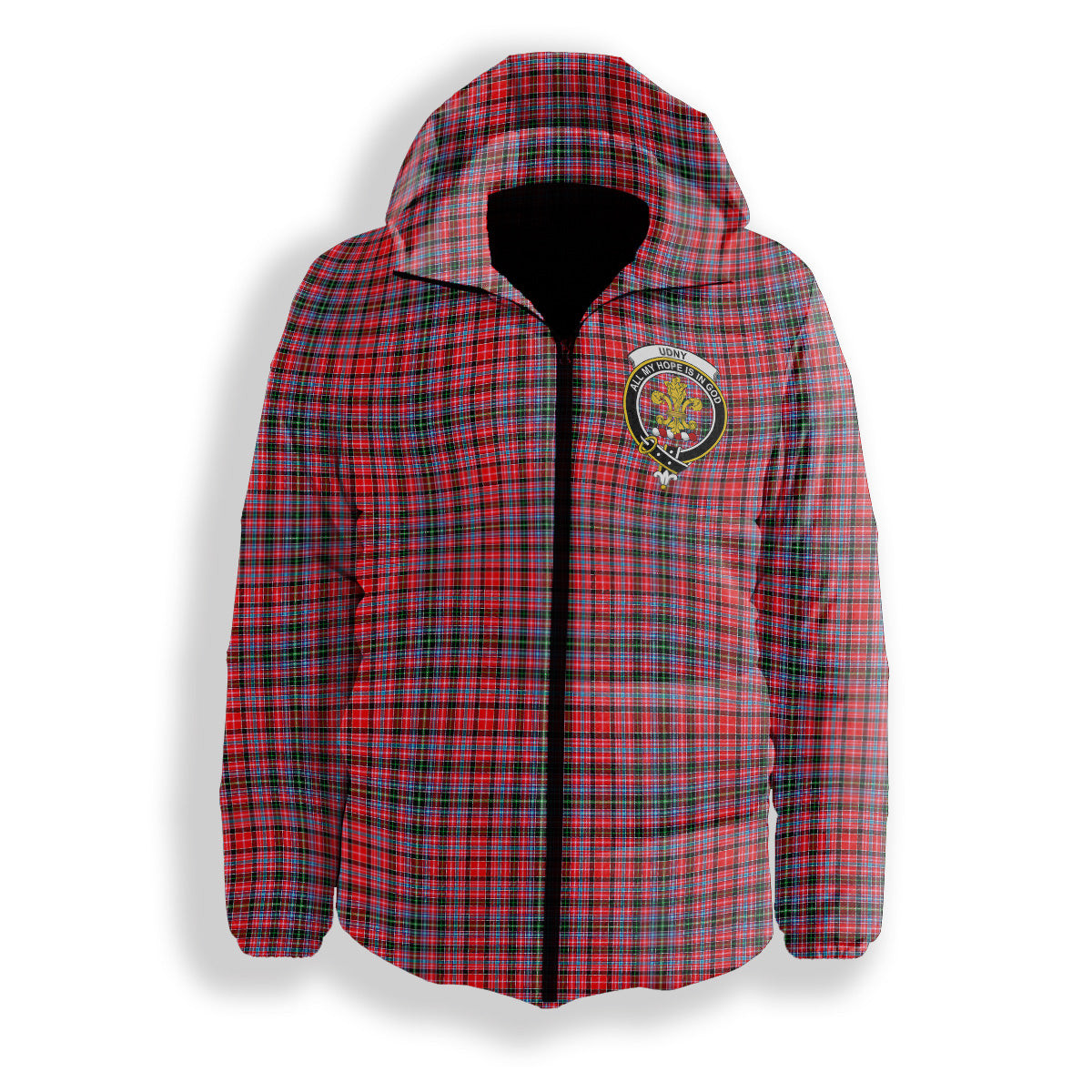 ScotsTee Shop Scottish Udny Crest Tartan Down Jacket Winter White Duck Down Plaid
