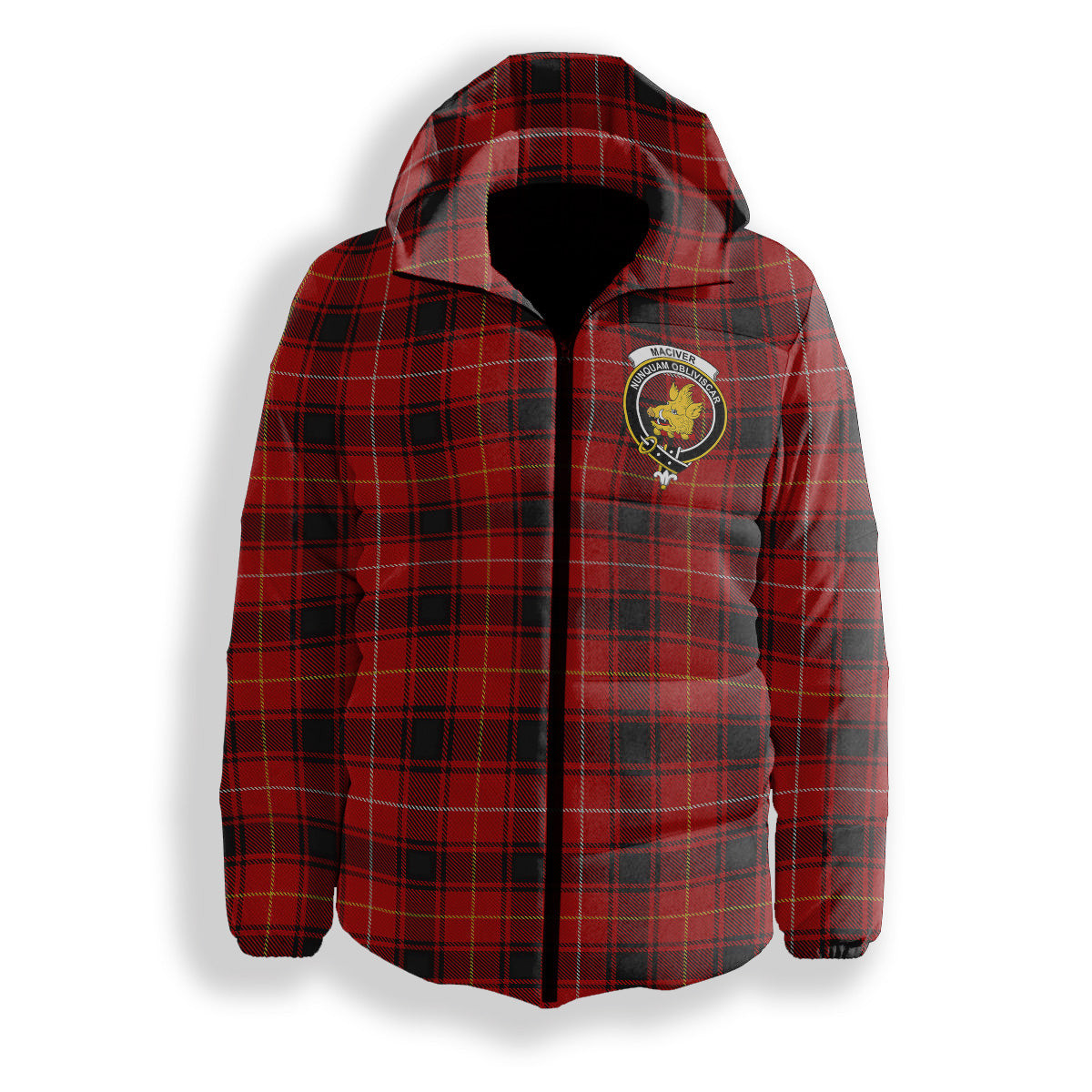 ScotsTee Shop Scottish MacIver Modern Crest Tartan Down Jacket Winter White Duck Down Plaid