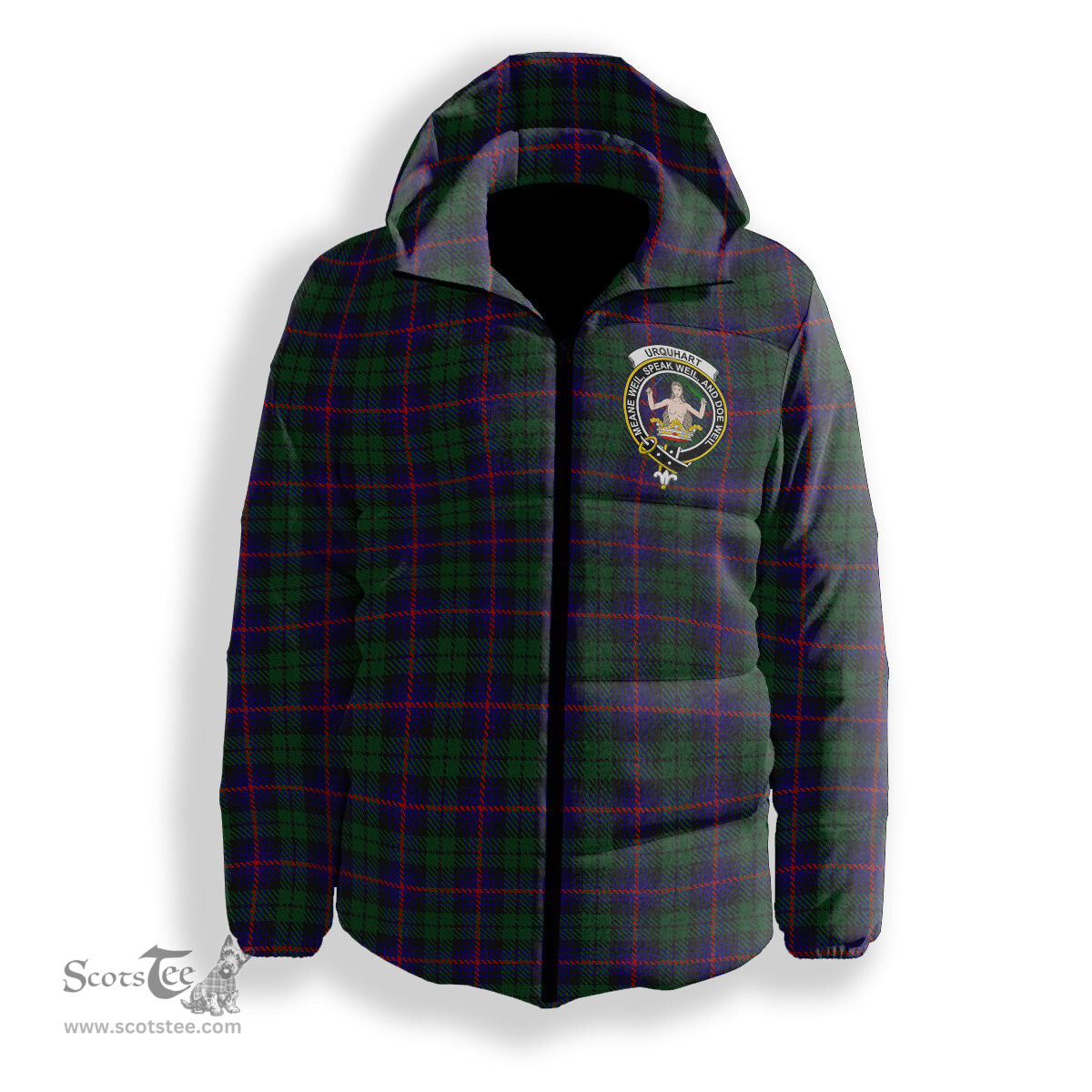 ScotsTee Shop Scottish Urquhart Crest Tartan Down Jacket Winter White Duck Down Plaid