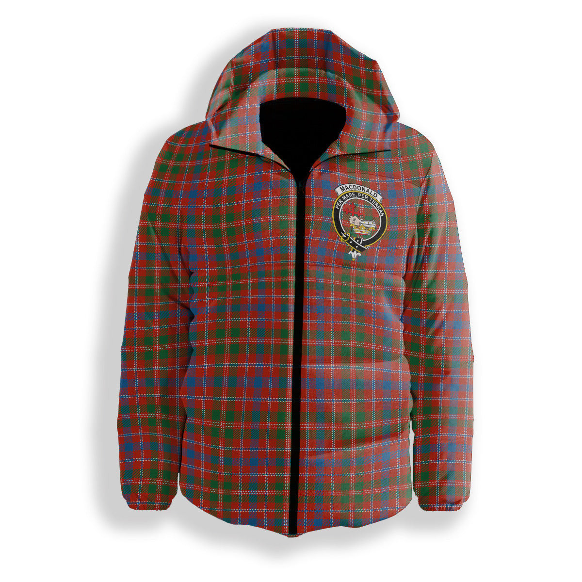 ScotsTee Shop Scottish MacDonald of Glenaladale Ancient Crest Tartan Down Jacket Winter White Duck Down Plaid