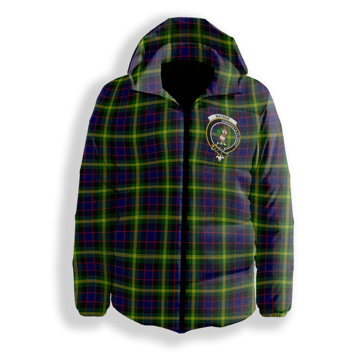 ScotsTee Shop Scottish Watson Modern Crest Tartan Down Jacket Winter White Duck Down Plaid