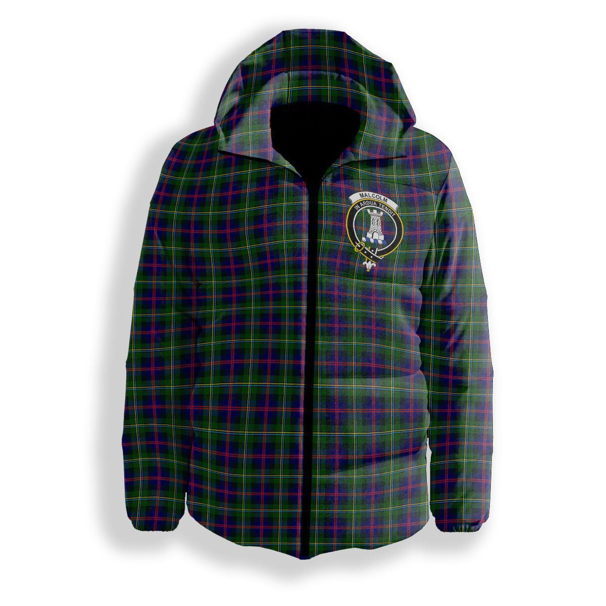ScotsTee Shop Scottish Malcolm Modern Crest Tartan Down Jacket Winter White Duck Down Plaid